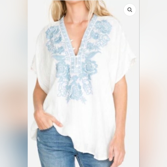 Johnny Was 100% Linen Tunic White w/ Blue Floral Embroidery Size XL - Picture 1 of 10